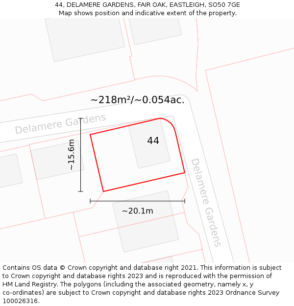 44, DELAMERE GARDENS, FAIR OAK, EASTLEIGH, SO50 7GE: Plot and title map