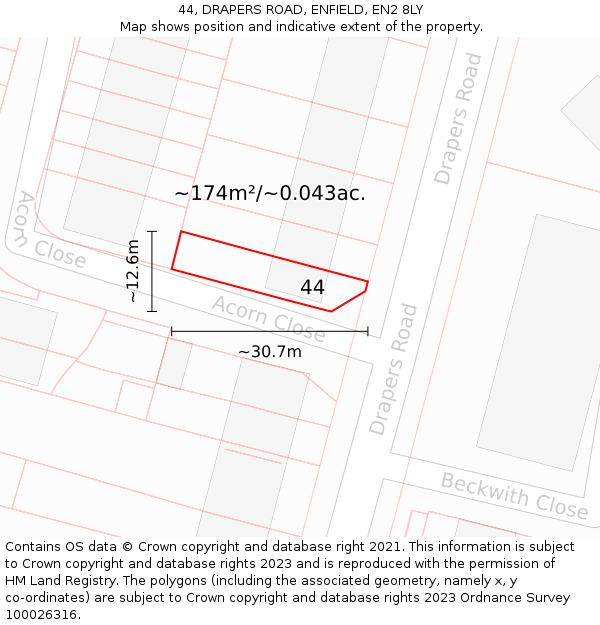 44, DRAPERS ROAD, ENFIELD, EN2 8LY: Plot and title map