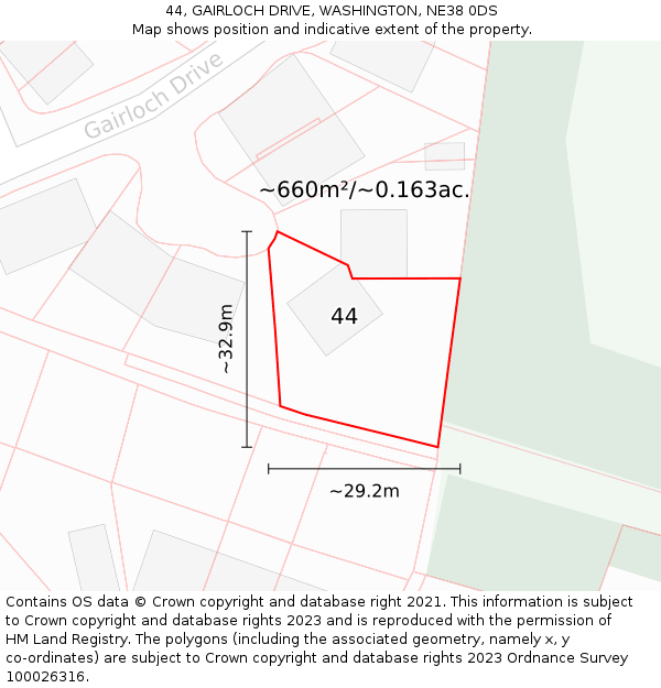 44, GAIRLOCH DRIVE, WASHINGTON, NE38 0DS: Plot and title map