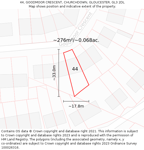 44, GOODMOOR CRESCENT, CHURCHDOWN, GLOUCESTER, GL3 2DL: Plot and title map