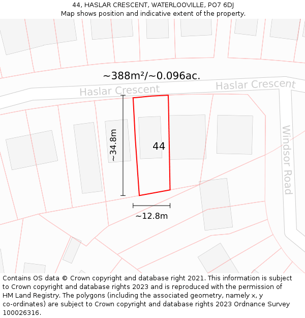 44, HASLAR CRESCENT, WATERLOOVILLE, PO7 6DJ: Plot and title map