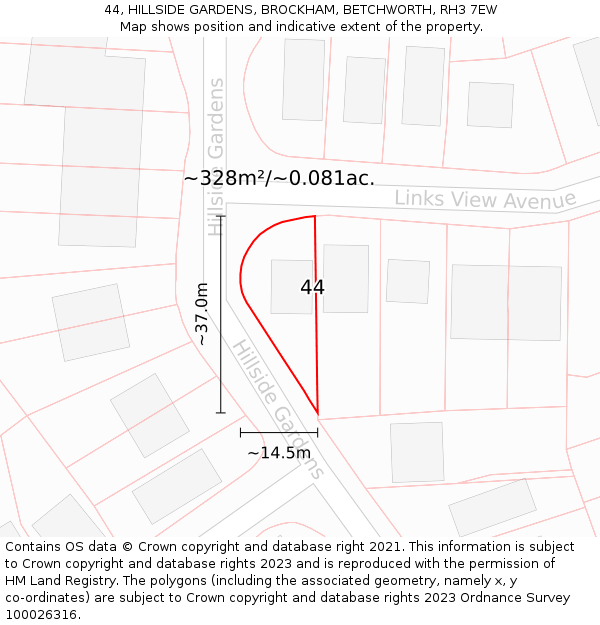 44, HILLSIDE GARDENS, BROCKHAM, BETCHWORTH, RH3 7EW: Plot and title map