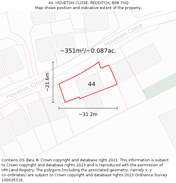 44, HOVETON CLOSE, REDDITCH, B98 7HQ: Plot and title map