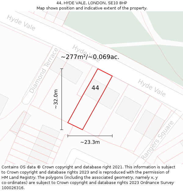 44, HYDE VALE, LONDON, SE10 8HP: Plot and title map