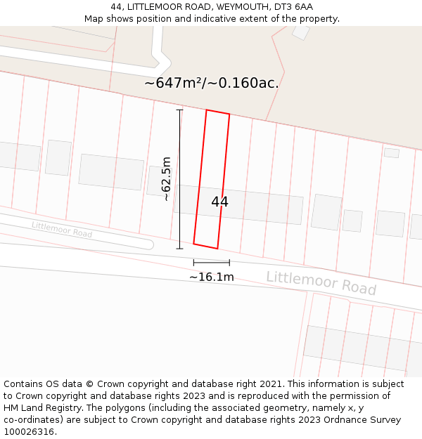 44, LITTLEMOOR ROAD, WEYMOUTH, DT3 6AA: Plot and title map