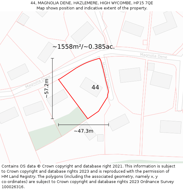 44, MAGNOLIA DENE, HAZLEMERE, HIGH WYCOMBE, HP15 7QE: Plot and title map