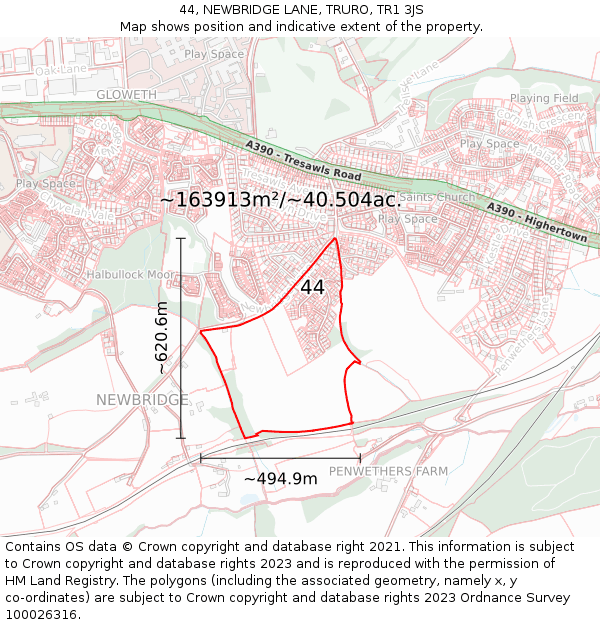 44, NEWBRIDGE LANE, TRURO, TR1 3JS: Plot and title map