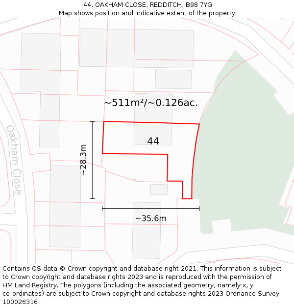 44, OAKHAM CLOSE, REDDITCH, B98 7YG: Plot and title map