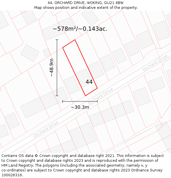 44, ORCHARD DRIVE, WOKING, GU21 4BW: Plot and title map