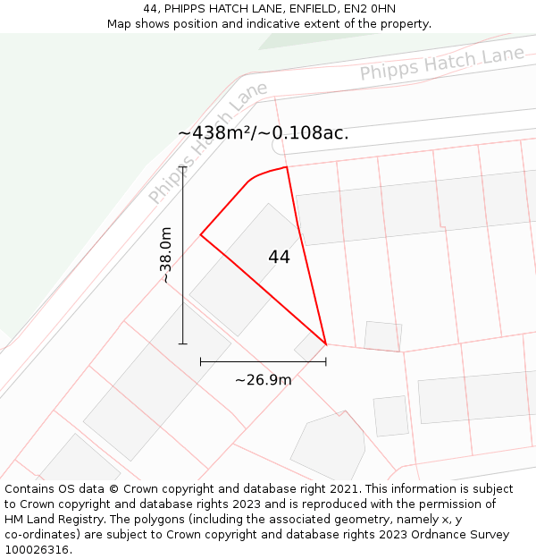 44, PHIPPS HATCH LANE, ENFIELD, EN2 0HN: Plot and title map