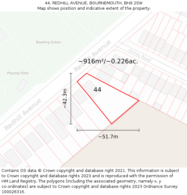 44, REDHILL AVENUE, BOURNEMOUTH, BH9 2SW: Plot and title map