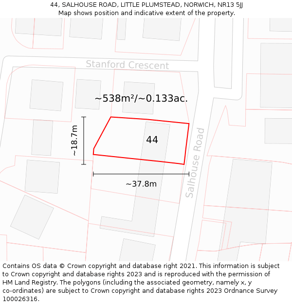 44, SALHOUSE ROAD, LITTLE PLUMSTEAD, NORWICH, NR13 5JJ: Plot and title map