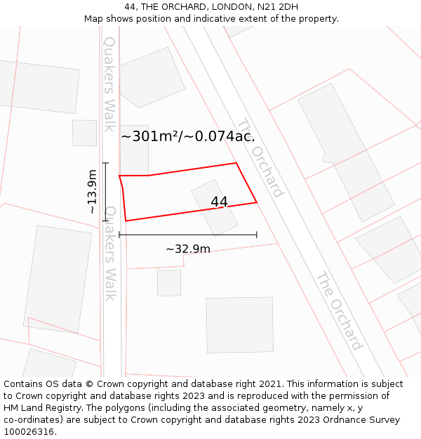 44, THE ORCHARD, LONDON, N21 2DH: Plot and title map