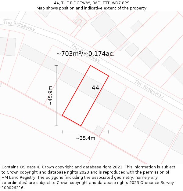 44, THE RIDGEWAY, RADLETT, WD7 8PS: Plot and title map