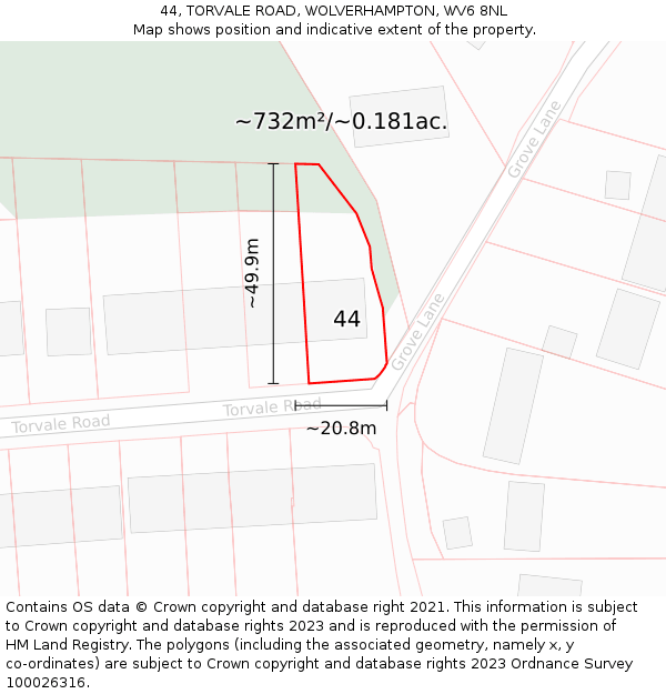 44, TORVALE ROAD, WOLVERHAMPTON, WV6 8NL: Plot and title map