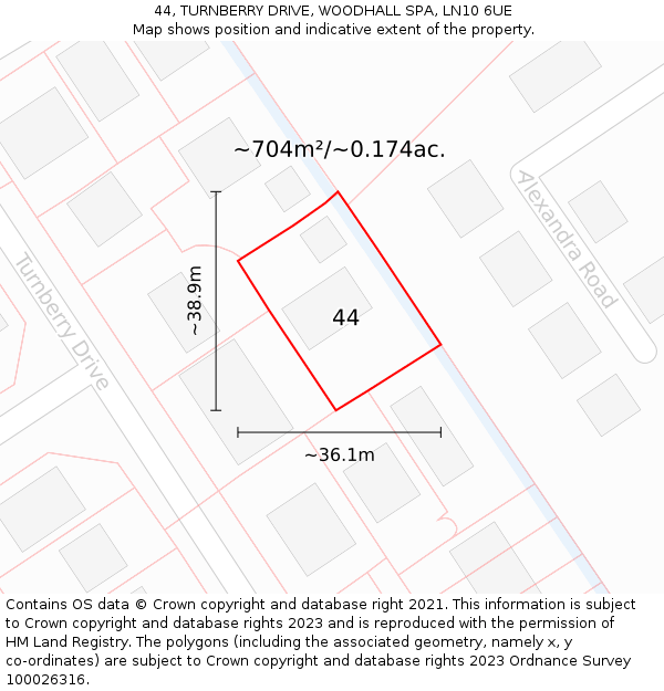 44, TURNBERRY DRIVE, WOODHALL SPA, LN10 6UE: Plot and title map