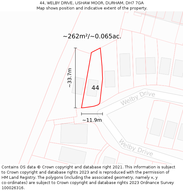 44, WELBY DRIVE, USHAW MOOR, DURHAM, DH7 7GA: Plot and title map