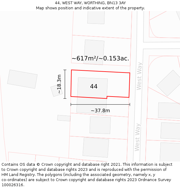 44, WEST WAY, WORTHING, BN13 3AY: Plot and title map