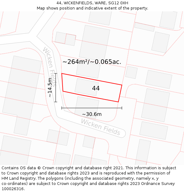 44, WICKENFIELDS, WARE, SG12 0XH: Plot and title map