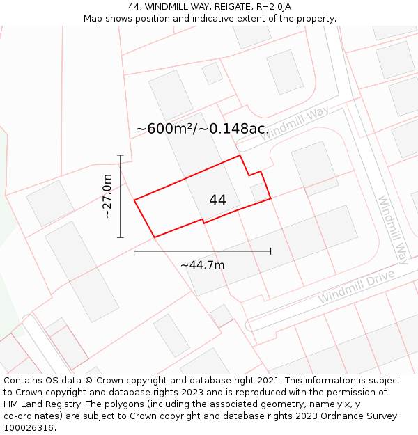 44, WINDMILL WAY, REIGATE, RH2 0JA: Plot and title map