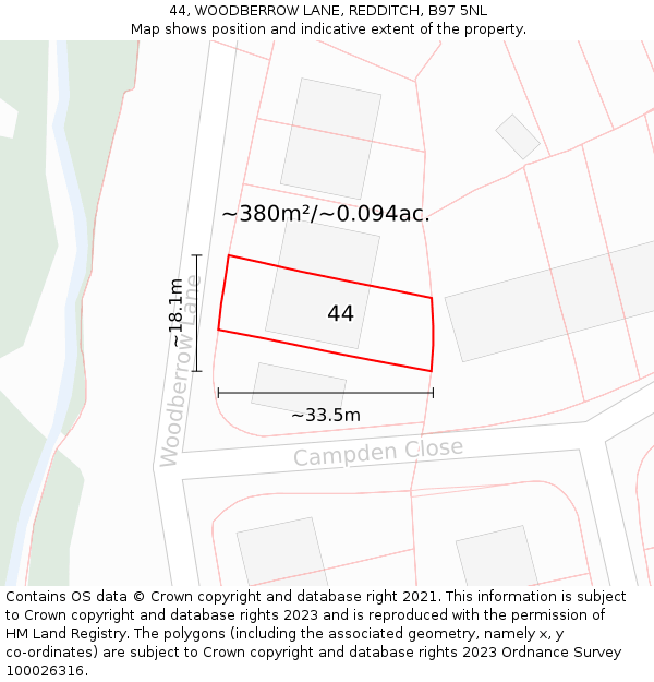 44, WOODBERROW LANE, REDDITCH, B97 5NL: Plot and title map