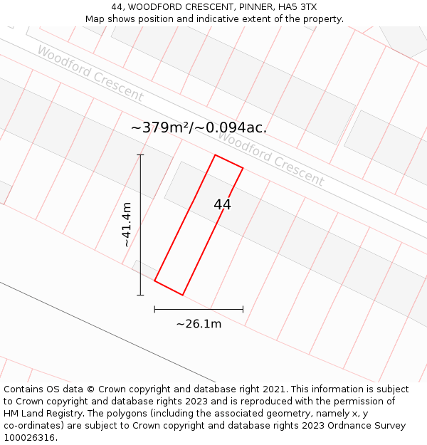 44, WOODFORD CRESCENT, PINNER, HA5 3TX: Plot and title map