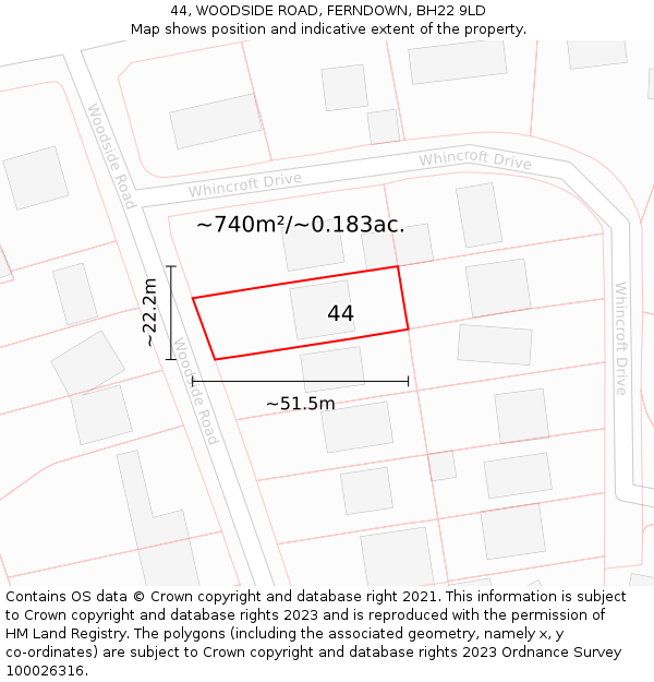 44, WOODSIDE ROAD, FERNDOWN, BH22 9LD: Plot and title map