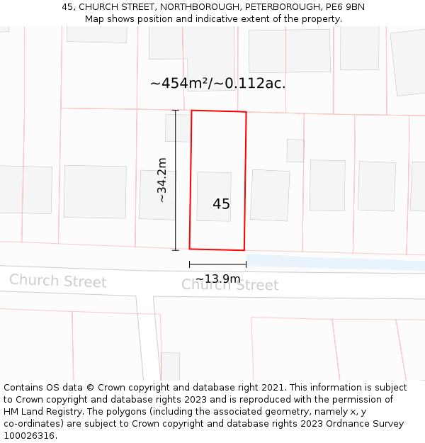 45, CHURCH STREET, NORTHBOROUGH, PETERBOROUGH, PE6 9BN: Plot and title map