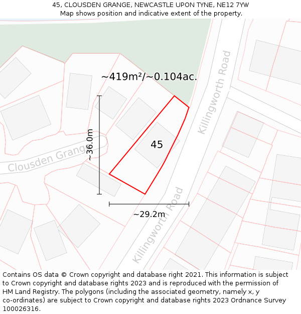 45, CLOUSDEN GRANGE, NEWCASTLE UPON TYNE, NE12 7YW: Plot and title map