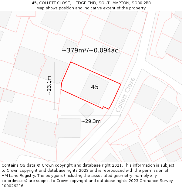 45, COLLETT CLOSE, HEDGE END, SOUTHAMPTON, SO30 2RR: Plot and title map