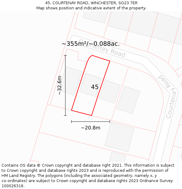45, COURTENAY ROAD, WINCHESTER, SO23 7ER: Plot and title map