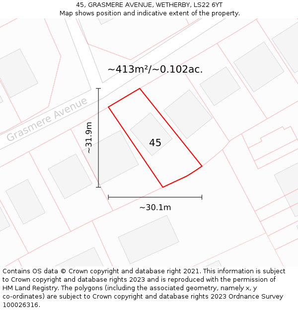 45, GRASMERE AVENUE, WETHERBY, LS22 6YT: Plot and title map