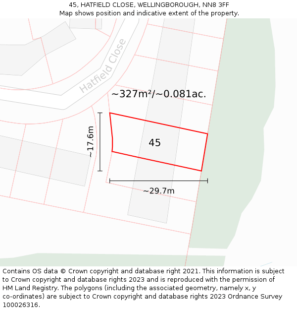 45, HATFIELD CLOSE, WELLINGBOROUGH, NN8 3FF: Plot and title map