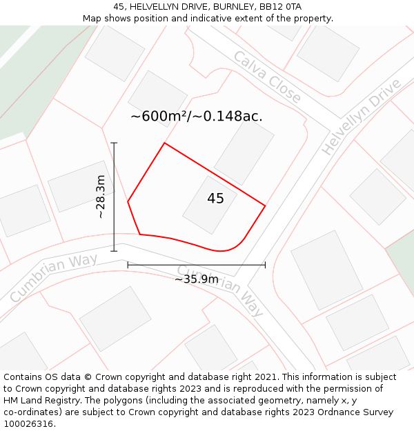 45, HELVELLYN DRIVE, BURNLEY, BB12 0TA: Plot and title map