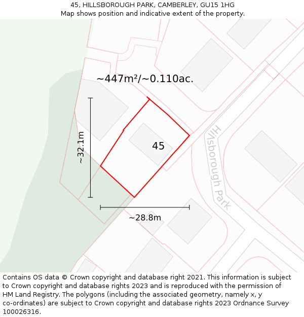 45, HILLSBOROUGH PARK, CAMBERLEY, GU15 1HG: Plot and title map