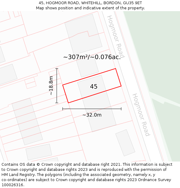 45, HOGMOOR ROAD, WHITEHILL, BORDON, GU35 9ET: Plot and title map