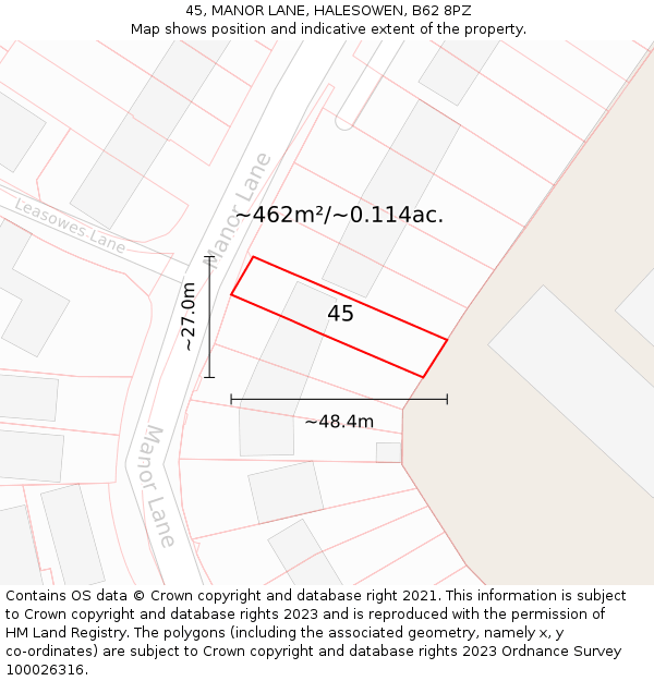 45, MANOR LANE, HALESOWEN, B62 8PZ: Plot and title map