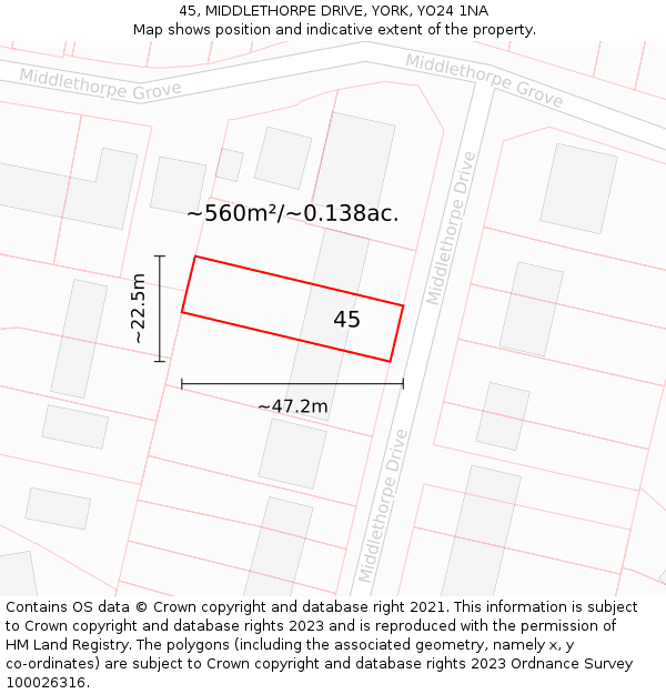 45, MIDDLETHORPE DRIVE, YORK, YO24 1NA: Plot and title map