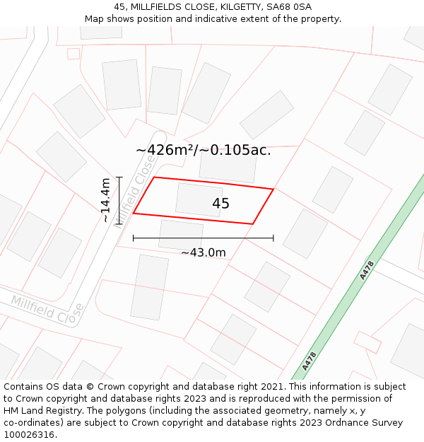 45, MILLFIELDS CLOSE, KILGETTY, SA68 0SA: Plot and title map