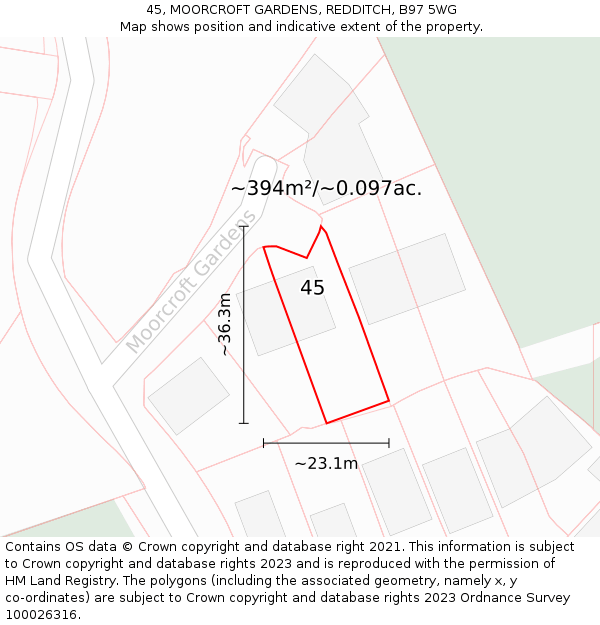 45, MOORCROFT GARDENS, REDDITCH, B97 5WG: Plot and title map