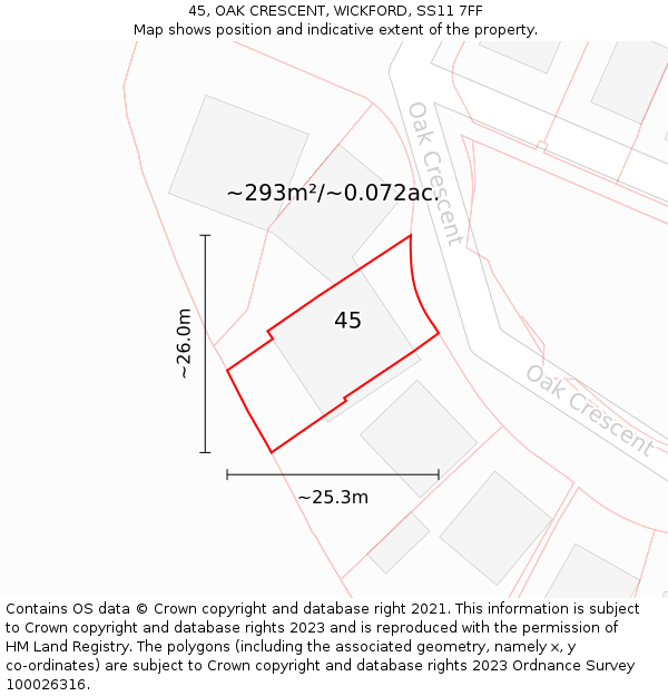 45, OAK CRESCENT, WICKFORD, SS11 7FF: Plot and title map