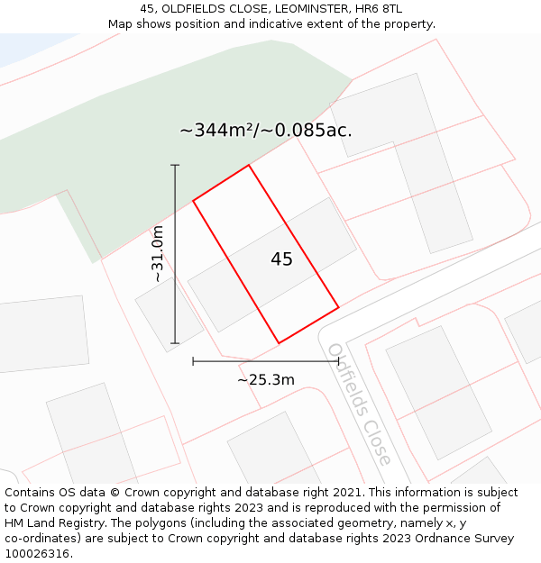 45, OLDFIELDS CLOSE, LEOMINSTER, HR6 8TL: Plot and title map