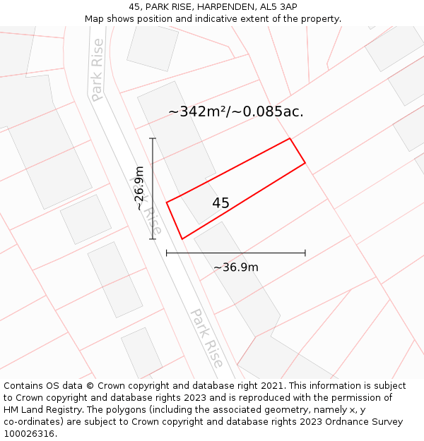 45, PARK RISE, HARPENDEN, AL5 3AP: Plot and title map