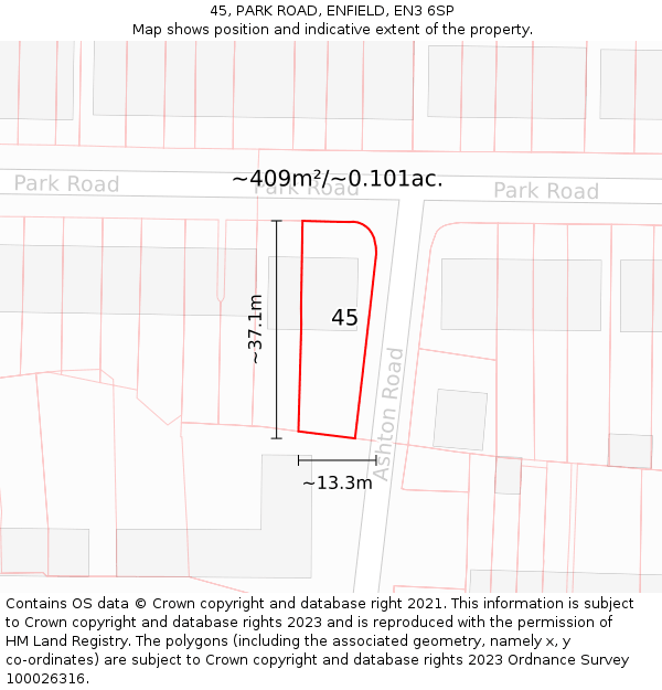 45, PARK ROAD, ENFIELD, EN3 6SP: Plot and title map