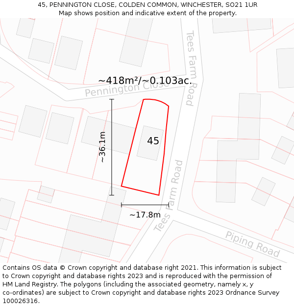 45, PENNINGTON CLOSE, COLDEN COMMON, WINCHESTER, SO21 1UR: Plot and title map