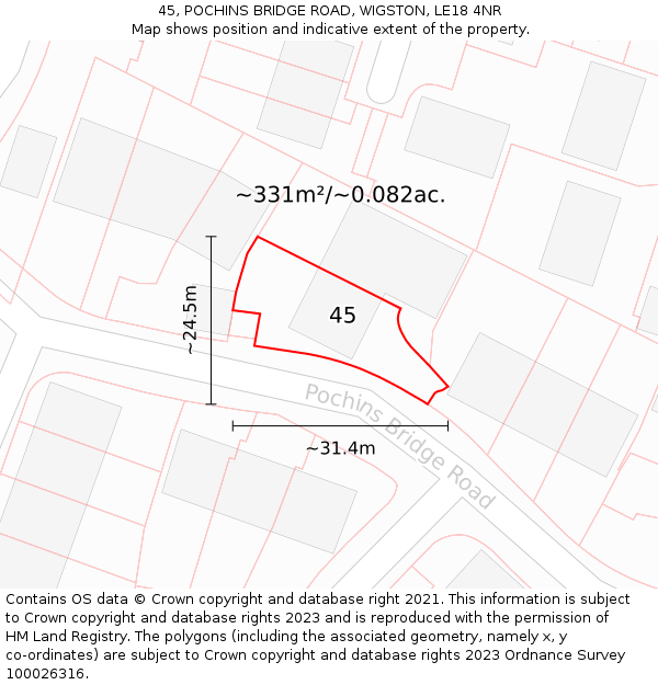 45, POCHINS BRIDGE ROAD, WIGSTON, LE18 4NR: Plot and title map