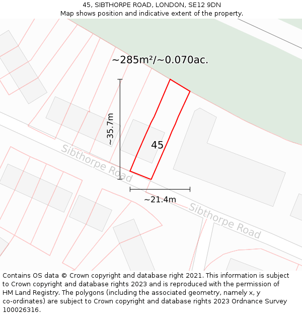 45, SIBTHORPE ROAD, LONDON, SE12 9DN: Plot and title map
