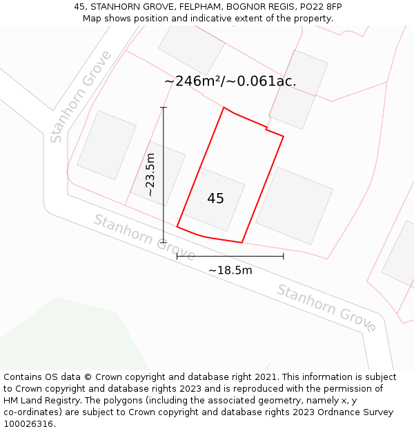 45, STANHORN GROVE, FELPHAM, BOGNOR REGIS, PO22 8FP: Plot and title map