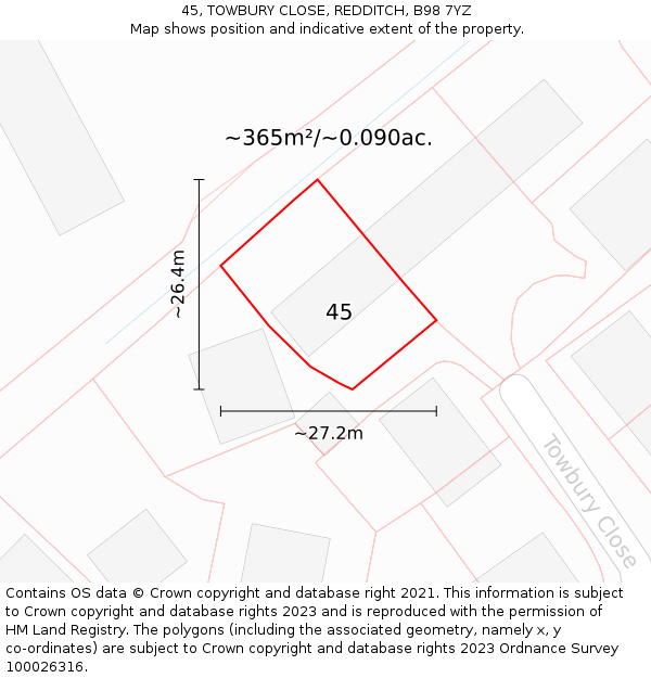 45, TOWBURY CLOSE, REDDITCH, B98 7YZ: Plot and title map