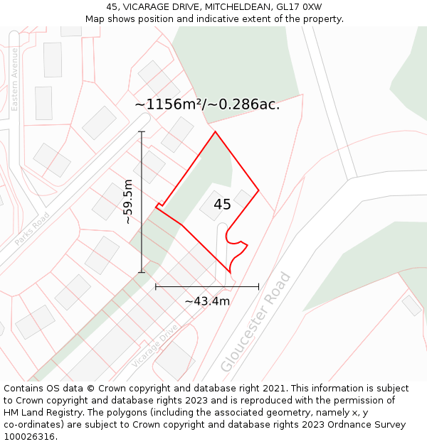 45, VICARAGE DRIVE, MITCHELDEAN, GL17 0XW: Plot and title map